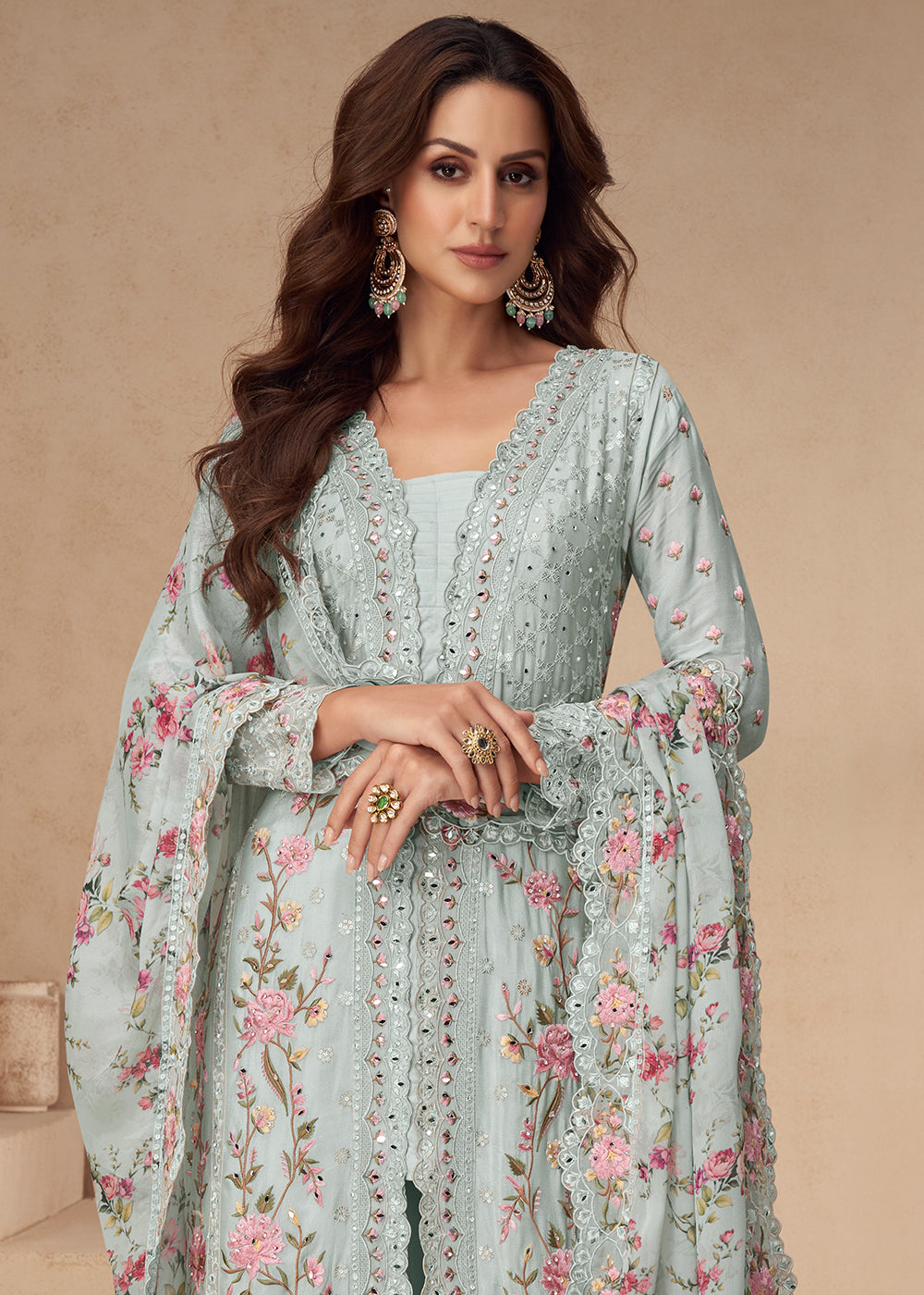 Buy Now Chinnon Silk Grey Festive Wedding Style Palazzo Suit Online in USA, UK, Canada, Germany, Italy, France, Austria, UAE & Worldwide at Empress Clothing.