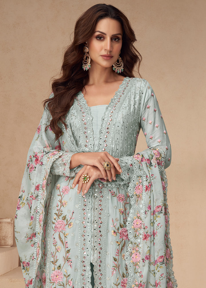 Buy Now Chinnon Silk Grey Festive Wedding Style Palazzo Suit Online in USA, UK, Canada, Germany, Italy, France, Austria, UAE & Worldwide at Empress Clothing.
