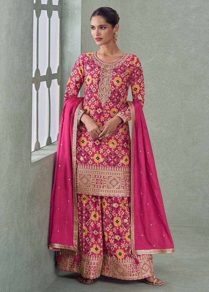 Buy Now Bandhani Printed Pink Embroidered Palazzo Style Suit Suit Online in US, UK, Canada, Germany, Italy, France, Austria, Denmark, UAE & Worldwide at Empress.