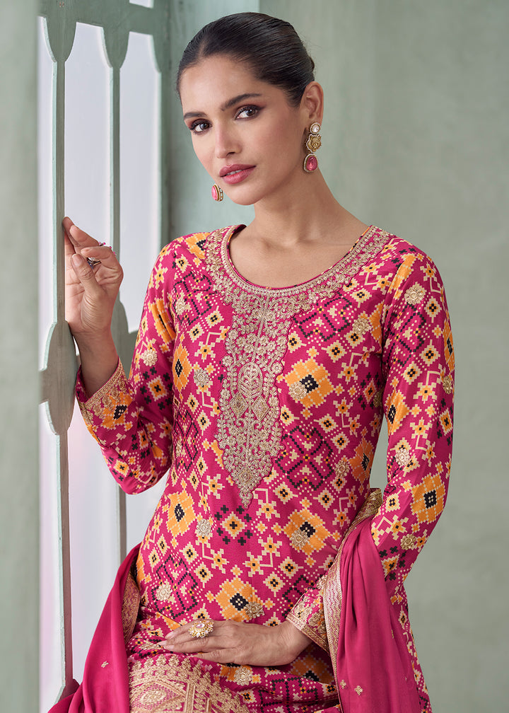 Buy Now Bandhani Printed Pink Embroidered Palazzo Style Suit Suit Online in US, UK, Canada, Germany, Italy, France, Austria, Denmark, UAE & Worldwide at Empress.