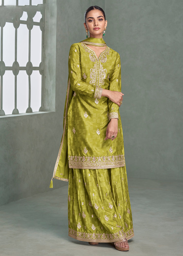 Buy Now Bandhani Printed Green Embroidered Palazzo Style Suit Suit Online in US, UK, Canada, Germany, Italy, France, Austria, Denmark & Worldwide at Empress.