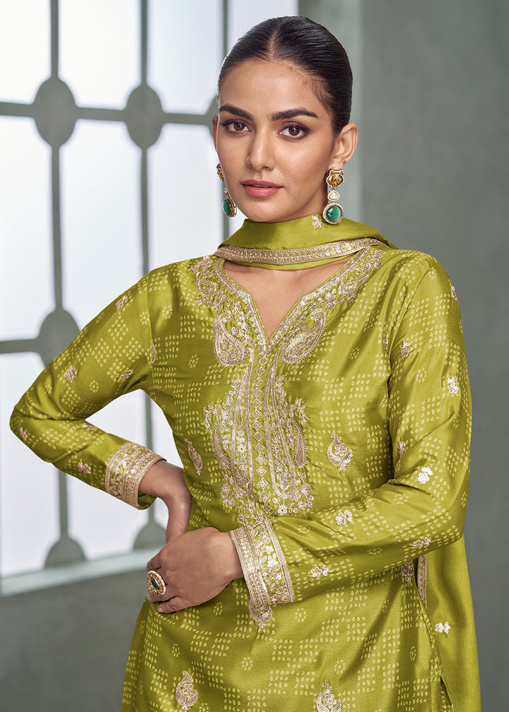 Buy Now Bandhani Printed Green Embroidered Palazzo Style Suit Suit Online in US, UK, Canada, Germany, Italy, France, Austria, Denmark & Worldwide at Empress.