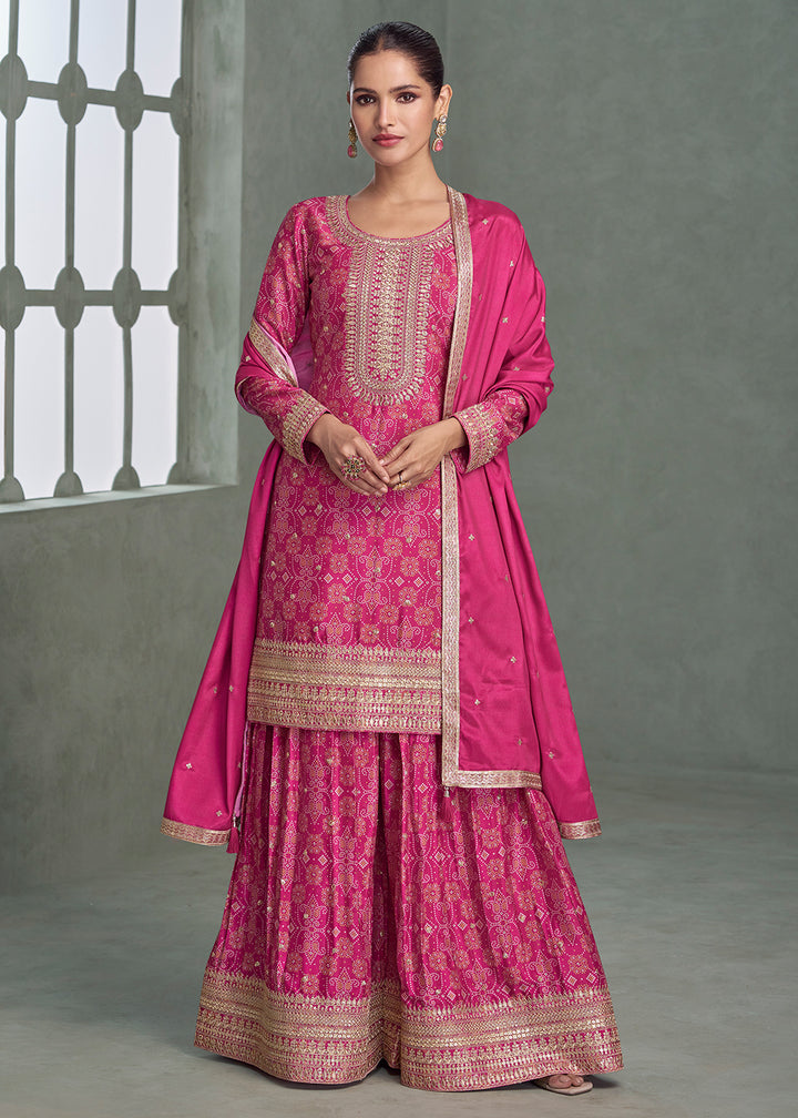 Buy Now Bandhani Printed Rani Embroidered Palazzo Style Suit Suit Online in US, UK, Canada, Germany, Italy, France, Austria, Denmark & Worldwide at Empress.