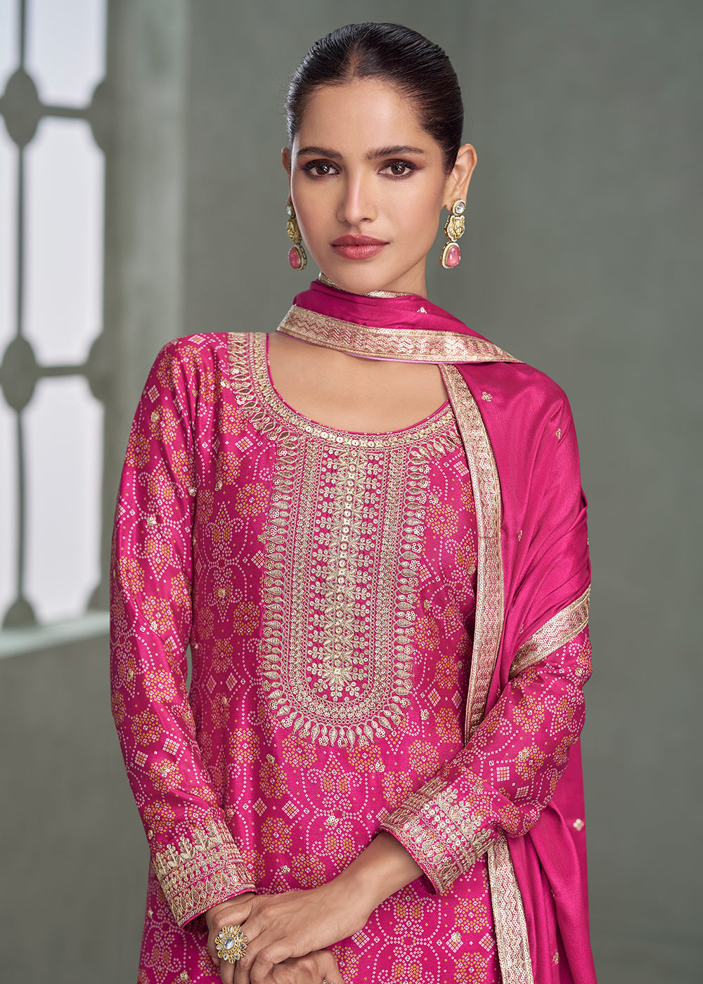Buy Now Bandhani Printed Rani Embroidered Palazzo Style Suit Suit Online in US, UK, Canada, Germany, Italy, France, Austria, Denmark & Worldwide at Empress.