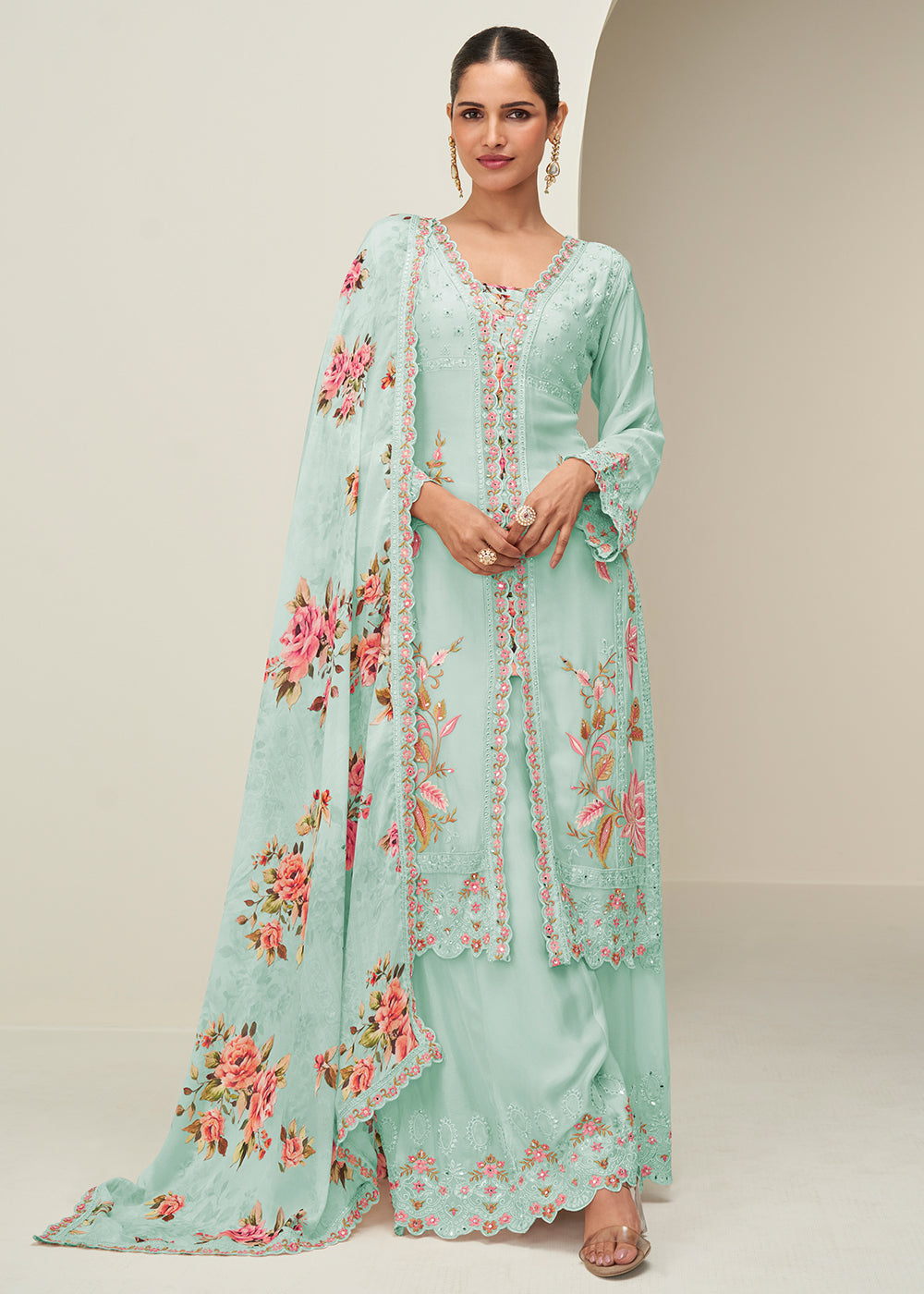 Buy Now Pastel Blue Palazzo Style Wedding Festive Dress Online in US, UK, Canada, Germany, Italy, France, Austria, Australia, Denmark & Worldwide at Empress.