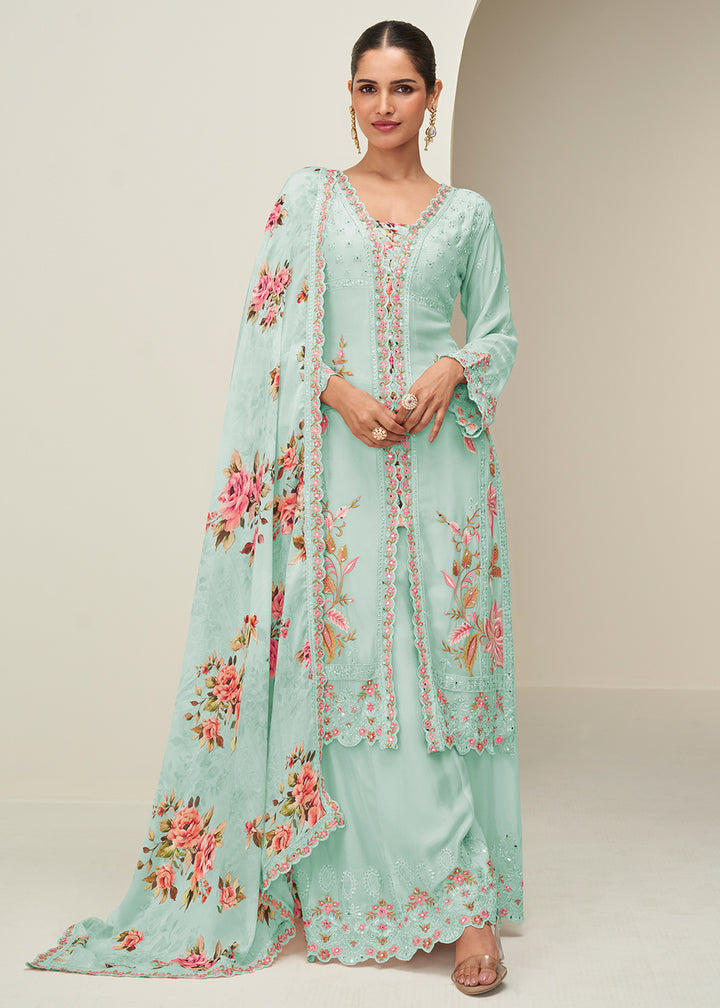 Buy Now Pastel Blue Palazzo Style Wedding Festive Dress Online in US, UK, Canada, Germany, Italy, France, Austria, Australia, Denmark & Worldwide at Empress.
