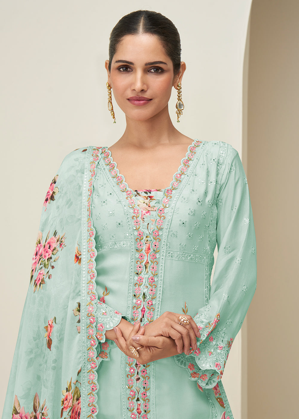 Buy Now Pastel Blue Palazzo Style Wedding Festive Dress Online in US, UK, Canada, Germany, Italy, France, Austria, Australia, Denmark & Worldwide at Empress.