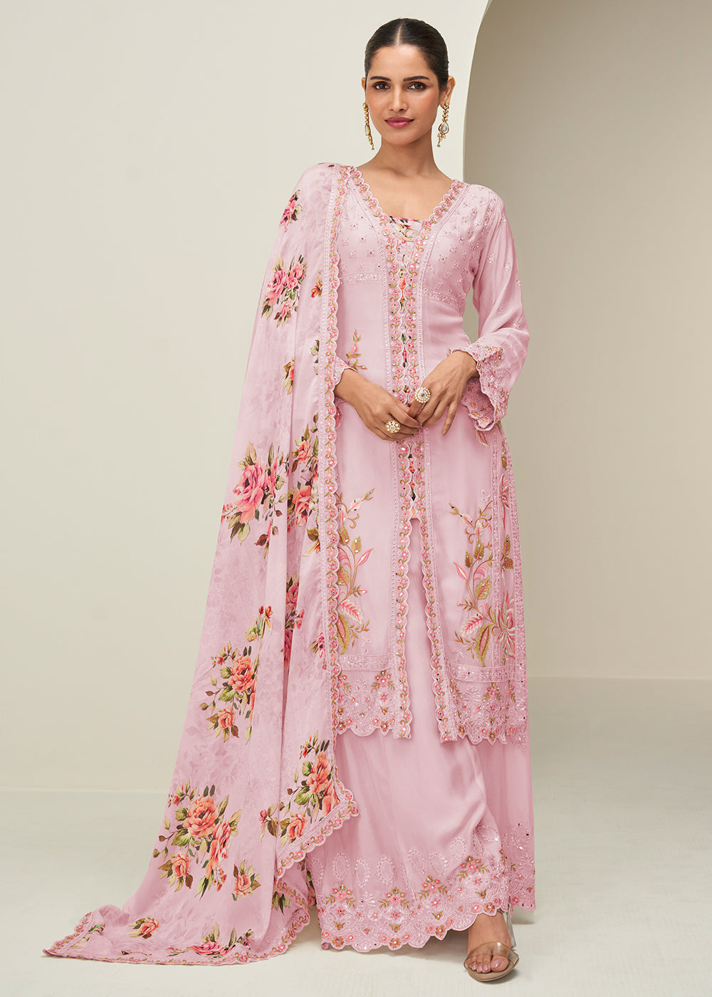 Buy Now Pastel Pink Palazzo Style Wedding Festive Dress Online in US, UK, Canada, Germany, Italy, France, Austria, Australia, Denmark & Worldwide at Empress.