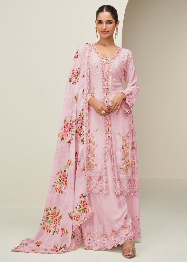 Buy Now Pastel Pink Palazzo Style Wedding Festive Dress Online in US, UK, Canada, Germany, Italy, France, Austria, Australia, Denmark & Worldwide at Empress.