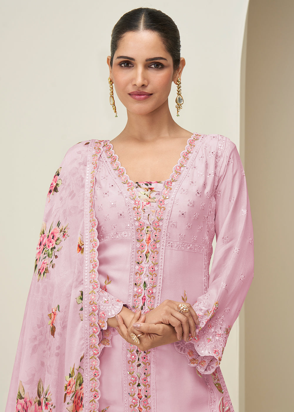 Buy Now Pastel Pink Palazzo Style Wedding Festive Dress Online in US, UK, Canada, Germany, Italy, France, Austria, Australia, Denmark & Worldwide at Empress.