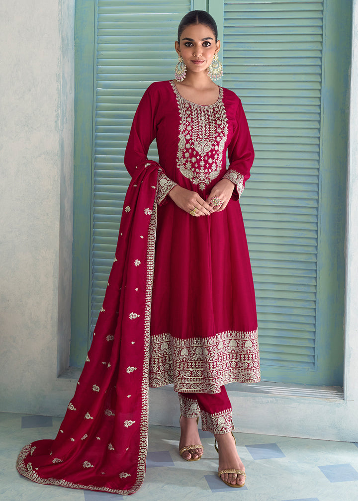 Buy Now Premium Silk Pink Wedding Festive Anaarkali Style Suit Online in Newark, Yorktown, Toronto, London, Orlando, Munich, Chicago & Worldwide at Empress.