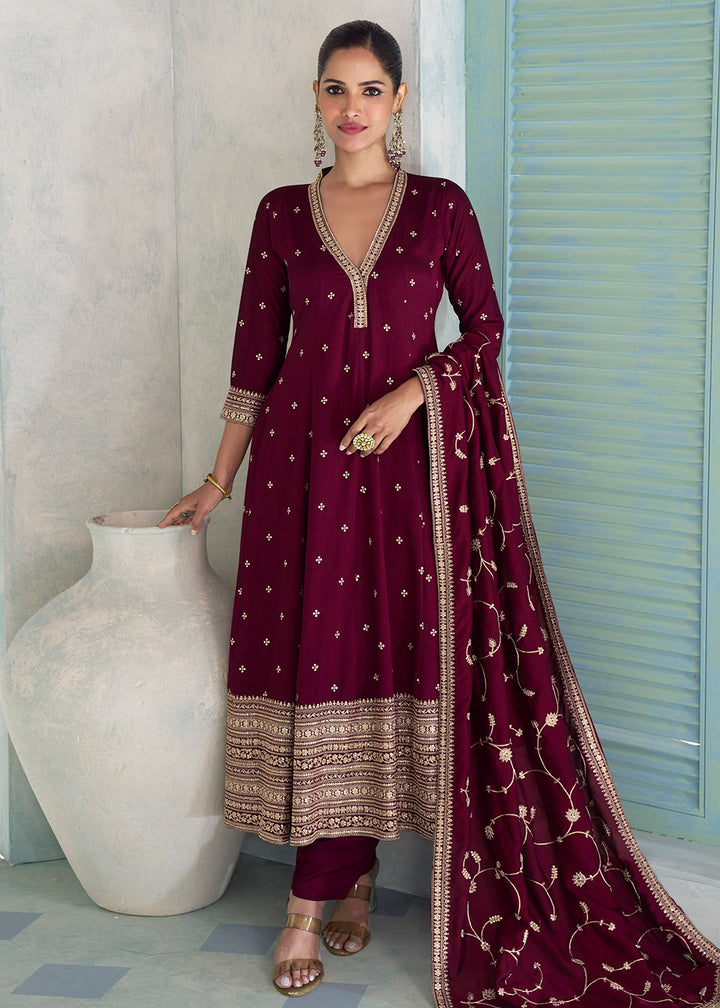 Buy Now Premium Silk Wine Wedding Festive Anaarkali Style Suit Online in Newark, Yorktown, Toronto, London, Orlando, Munich, Chicago & Worldwide at Empress.