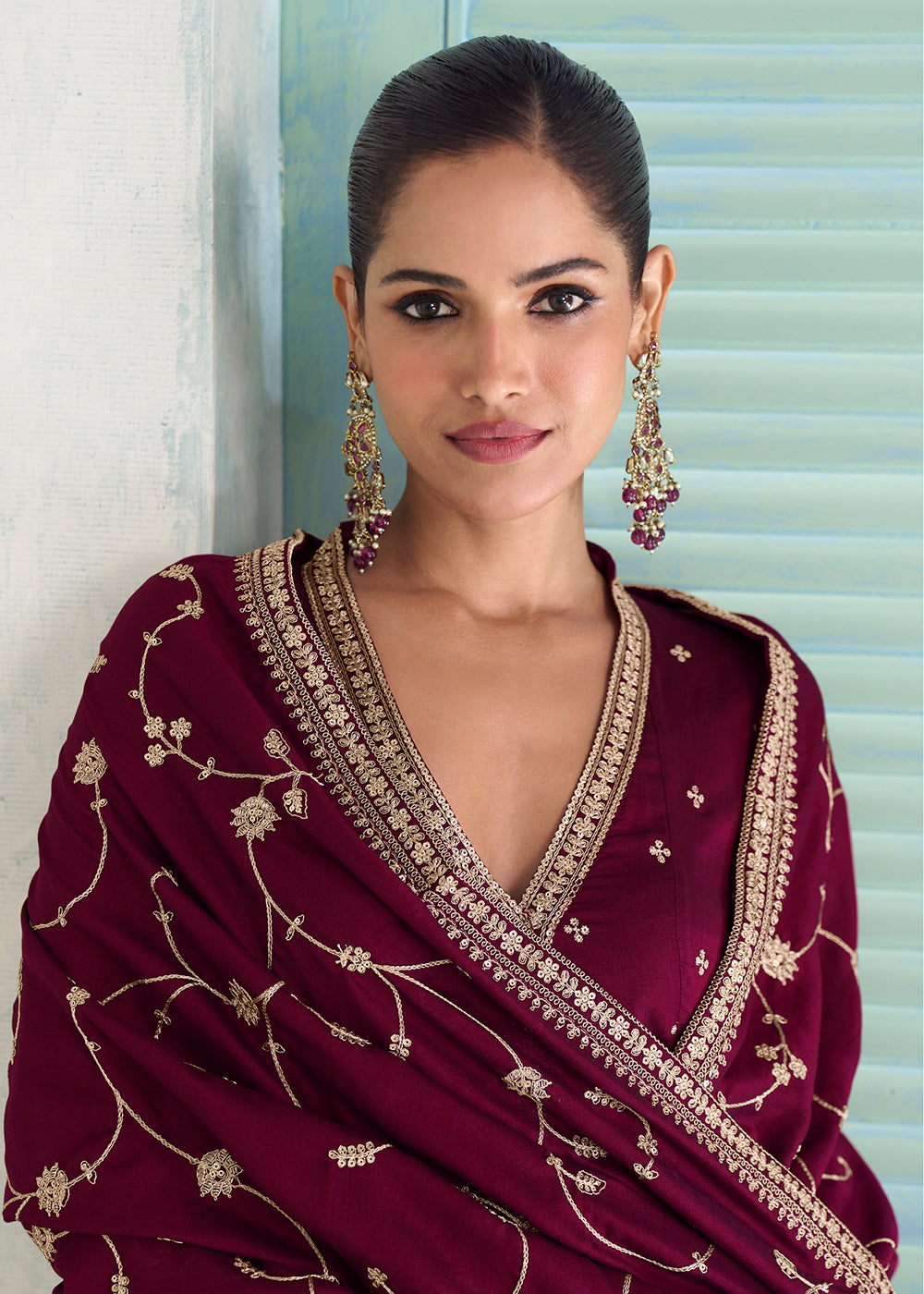 Buy Now Premium Silk Wine Wedding Festive Anaarkali Style Suit Online in Newark, Yorktown, Toronto, London, Orlando, Munich, Chicago & Worldwide at Empress.