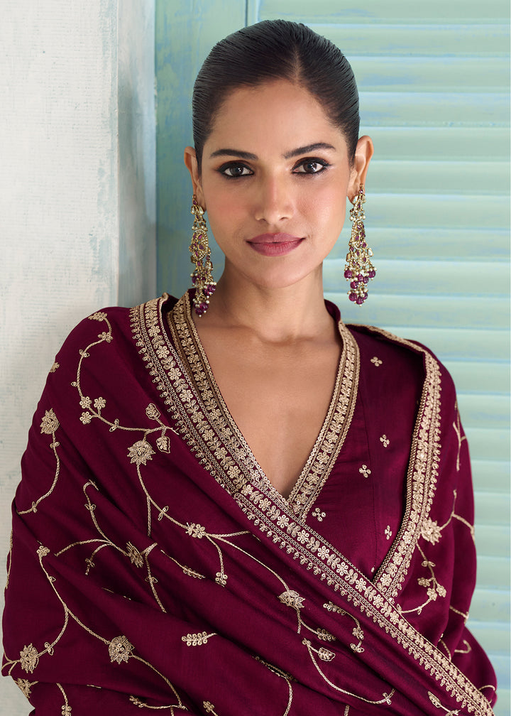 Buy Now Premium Silk Wine Wedding Festive Anaarkali Style Suit Online in Newark, Yorktown, Toronto, London, Orlando, Munich, Chicago & Worldwide at Empress.