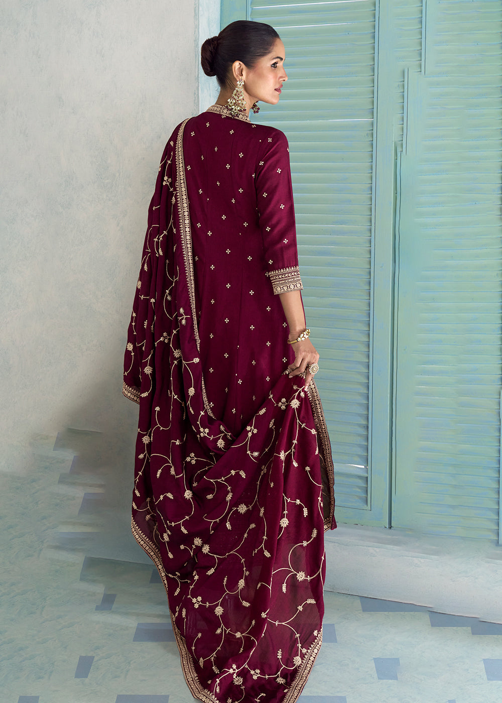 Buy Now Premium Silk Wine Wedding Festive Anaarkali Style Suit Online in Newark, Yorktown, Toronto, London, Orlando, Munich, Chicago & Worldwide at Empress.