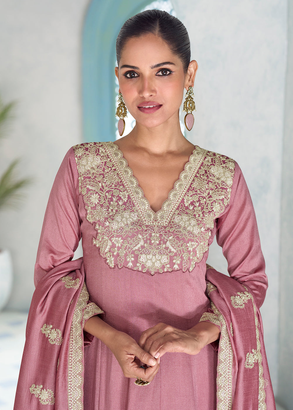 Buy Now Premium Silk Pink Wedding Festive Anaarkali Style Suit Online in Newark, Yorktown, Toronto, London, Orlando, Munich, Chicago & Worldwide at Empress.