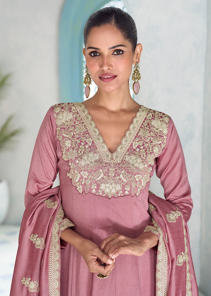 Buy Now Premium Silk Pink Wedding Festive Anaarkali Style Suit Online in Newark, Yorktown, Toronto, London, Orlando, Munich, Chicago & Worldwide at Empress.