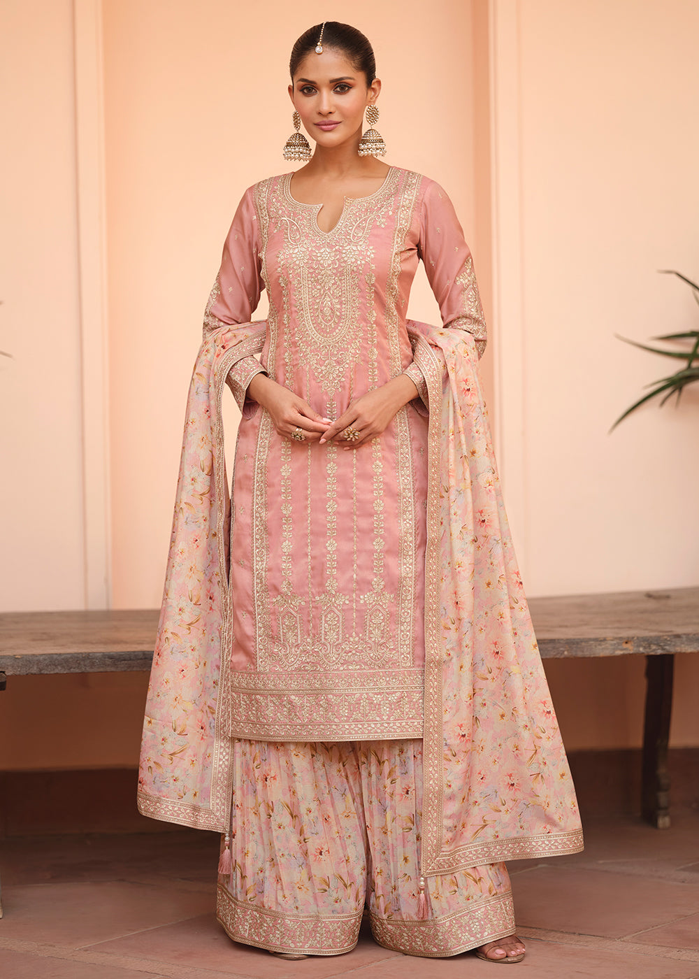 Buy Now Festive Shimmer Silk Pink Embroidered Palazzo Suit Online in Newark, Yorktown, Toronto, London, Orlando, Munich, Chicago, Utah & Worldwide at Empress.