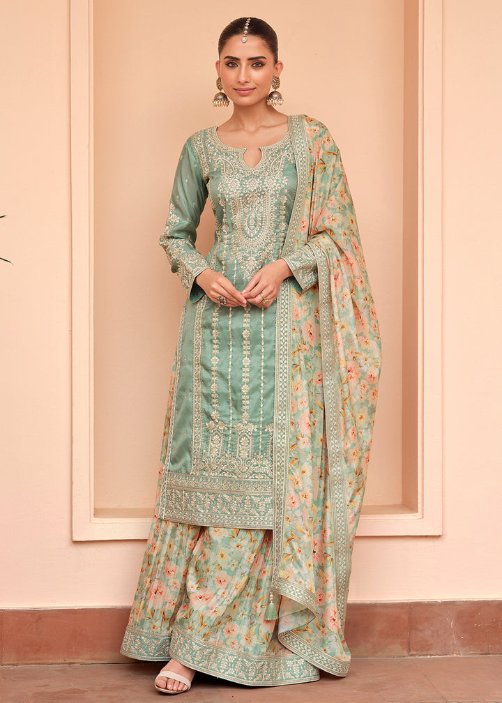 Buy Now Festive Shimmer Silk Green Embroidered Palazzo Suit Online in Newark, Yorktown, Toronto, London, Orlando, Munich, Chicago, Utah & Worldwide at Empress.