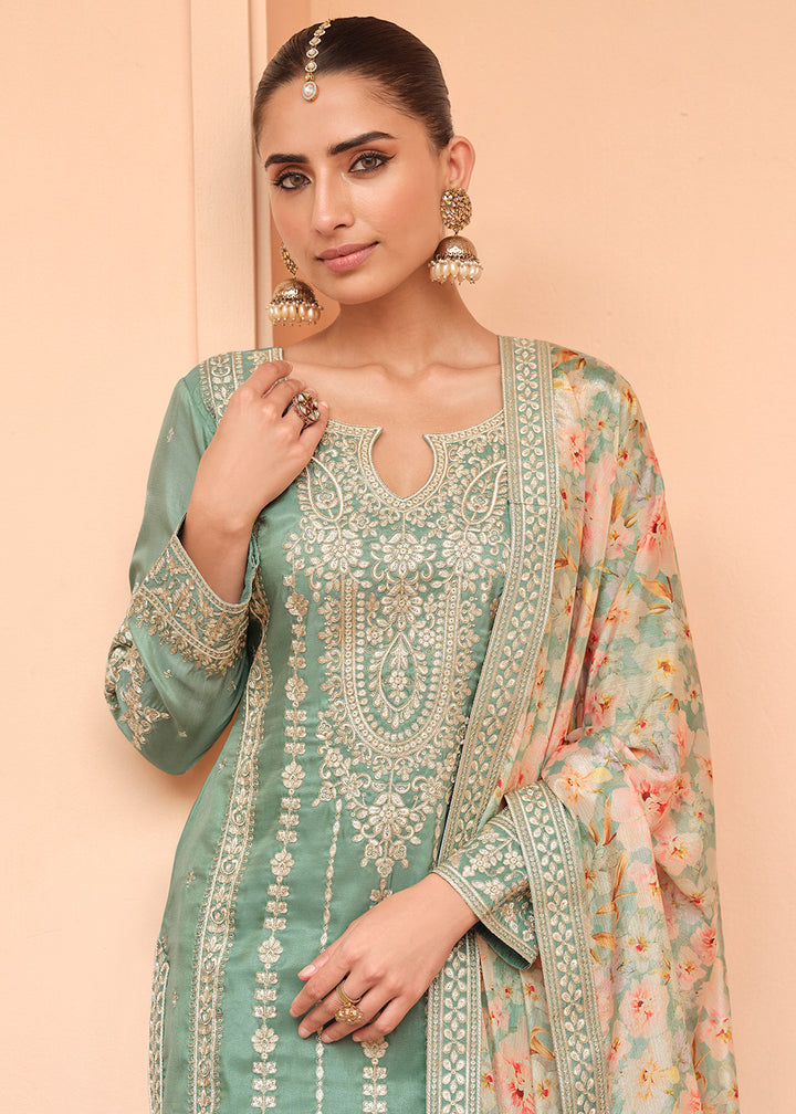 Buy Now Festive Shimmer Silk Green Embroidered Palazzo Suit Online in Newark, Yorktown, Toronto, London, Orlando, Munich, Chicago, Utah & Worldwide at Empress.