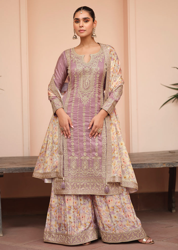 Buy Now Festive Shimmer Silk Mauve Embroidered Palazzo Suit Online in Newark, Yorktown, Toronto, London, Orlando, Munich, Chicago, Utah & Worldwide at Empress.