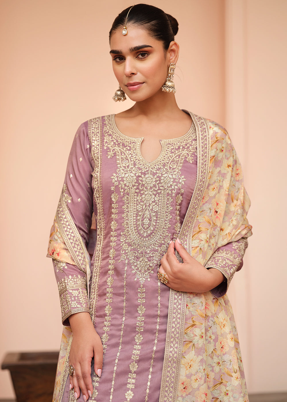 Buy Now Festive Shimmer Silk Mauve Embroidered Palazzo Suit Online in Newark, Yorktown, Toronto, London, Orlando, Munich, Chicago, Utah & Worldwide at Empress.