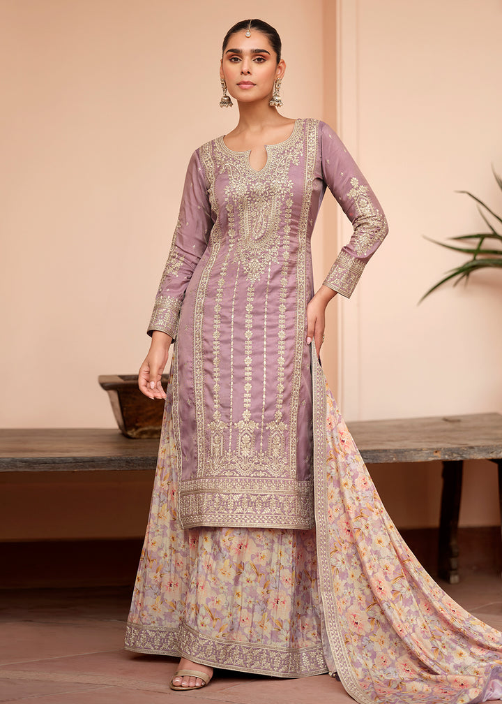 Buy Now Festive Shimmer Silk Mauve Embroidered Palazzo Suit Online in Newark, Yorktown, Toronto, London, Orlando, Munich, Chicago, Utah & Worldwide at Empress.