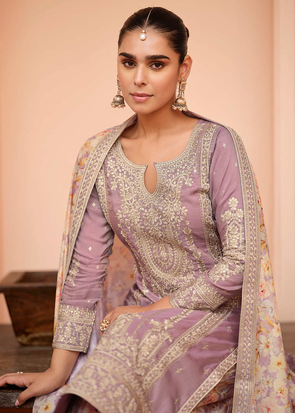 Buy Now Festive Shimmer Silk Mauve Embroidered Palazzo Suit Online in Newark, Yorktown, Toronto, London, Orlando, Munich, Chicago, Utah & Worldwide at Empress.