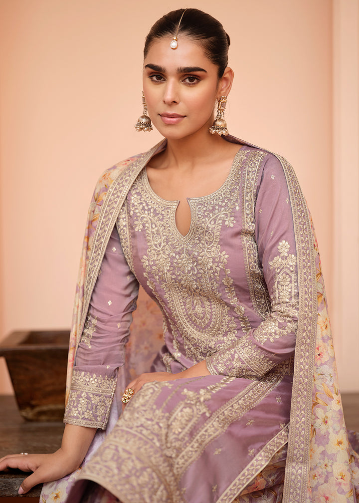 Buy Now Festive Shimmer Silk Mauve Embroidered Palazzo Suit Online in Newark, Yorktown, Toronto, London, Orlando, Munich, Chicago, Utah & Worldwide at Empress.
