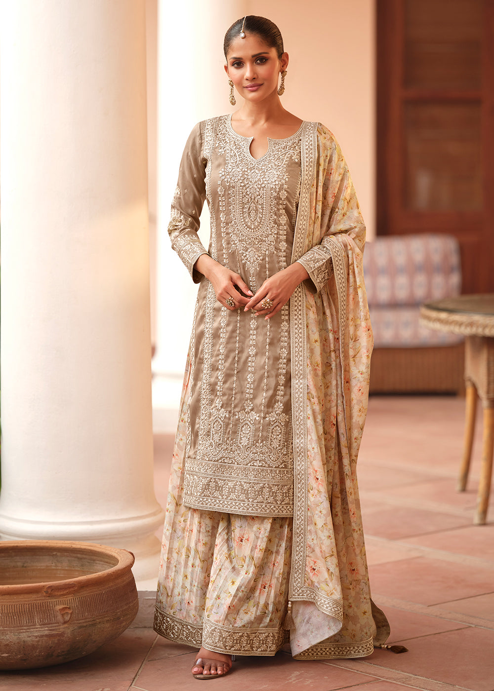 Buy Now Festive Shimmer Silk Grey Embroidered Palazzo Suit Online in Newark, Yorktown, Toronto, London, Orlando, Munich, Chicago, Utah & Worldwide at Empress.