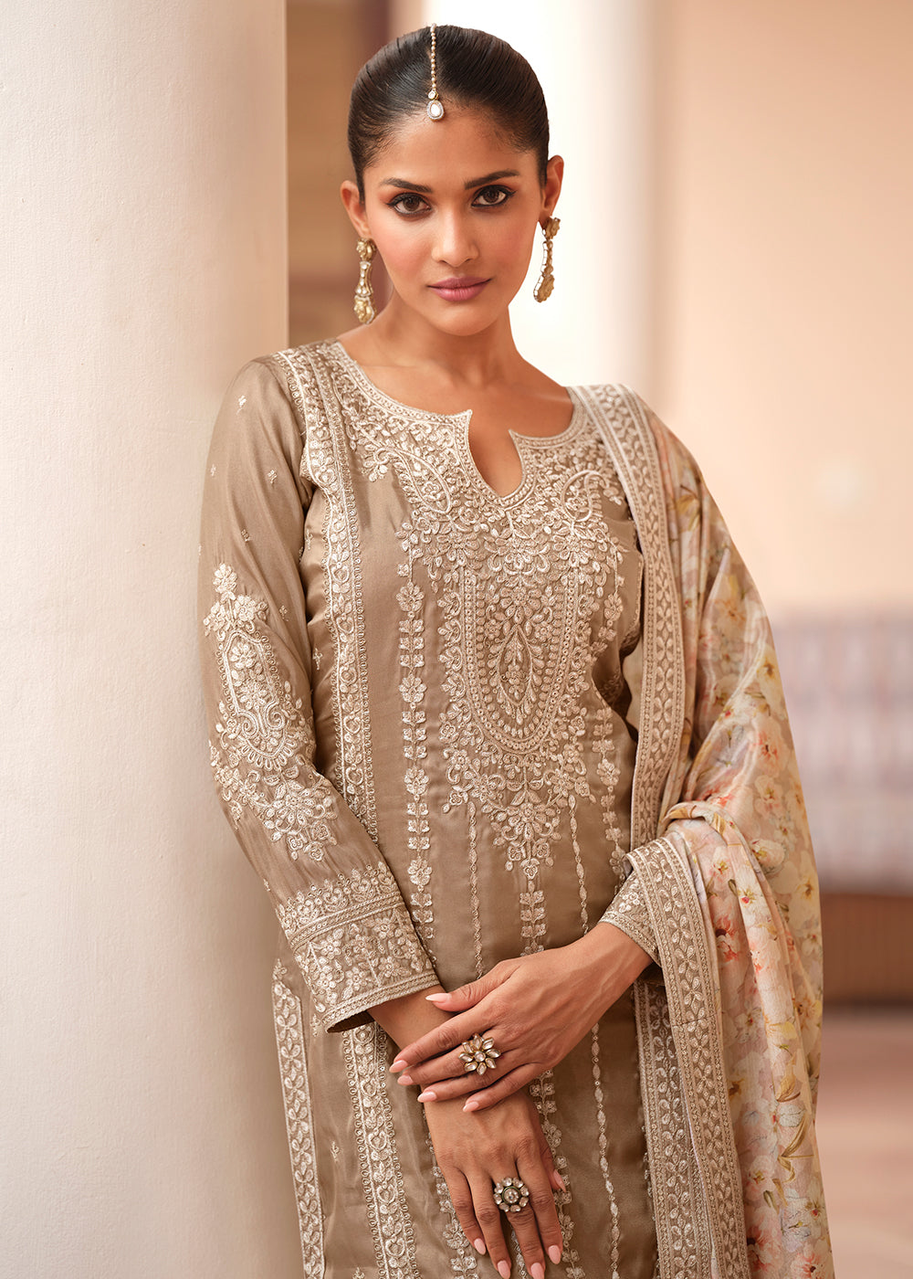 Buy Now Festive Shimmer Silk Grey Embroidered Palazzo Suit Online in Newark, Yorktown, Toronto, London, Orlando, Munich, Chicago, Utah & Worldwide at Empress.