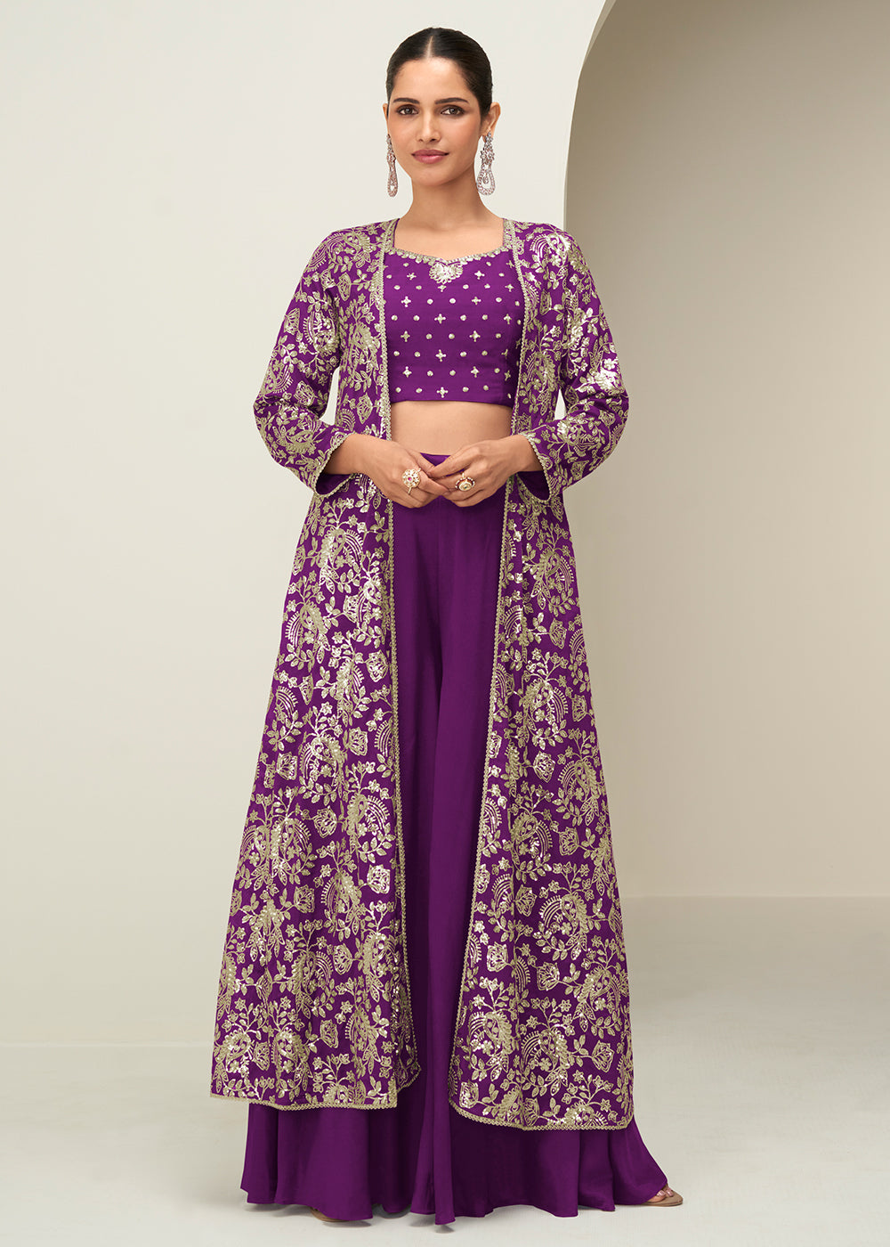 Buy Now Purple Jacket & Crop Top Style Party Palazzo Suit Online in US, UK, Canada, Germany, Italy, France, Austria, Australia, Denmark & Worldwide at Empress.