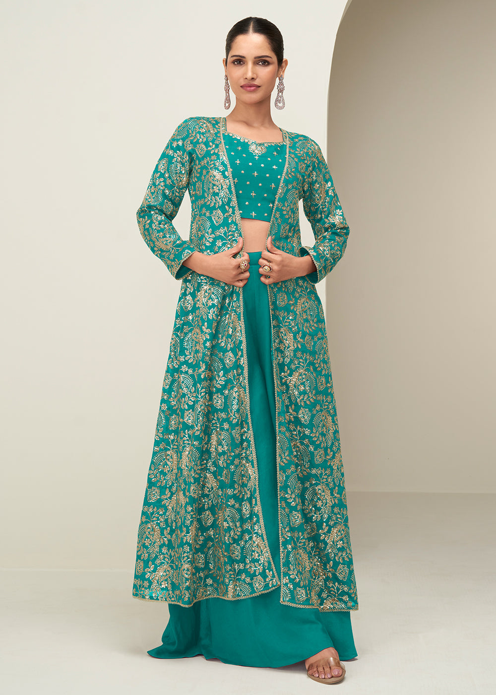 Buy Now Teal Jacket & Crop Top Style Party Palazzo Suit Online in US, UK, Canada, Germany, Italy, France, Austria, Australia, Denmark & Worldwide at Empress.