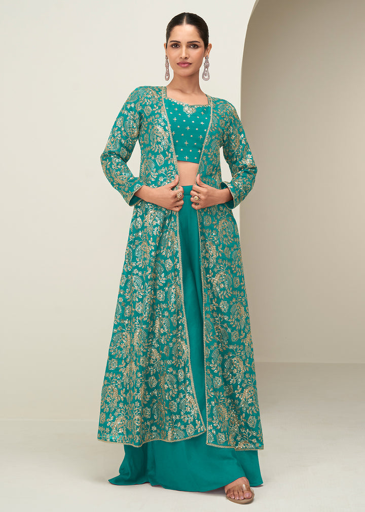 Buy Now Teal Jacket & Crop Top Style Party Palazzo Suit Online in US, UK, Canada, Germany, Italy, France, Austria, Australia, Denmark & Worldwide at Empress.