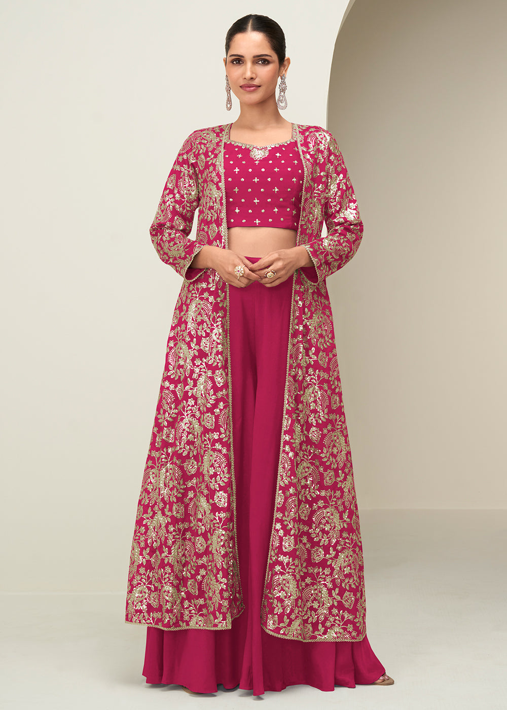 Buy Now Pink Jacket & Crop Top Style Party Palazzo Suit Online in US, UK, Canada, Germany, Italy, France, Austria, Australia, Denmark & Worldwide at Empress.