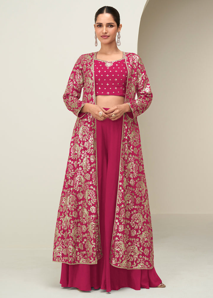 Buy Now Pink Jacket & Crop Top Style Party Palazzo Suit Online in US, UK, Canada, Germany, Italy, France, Austria, Australia, Denmark & Worldwide at Empress.