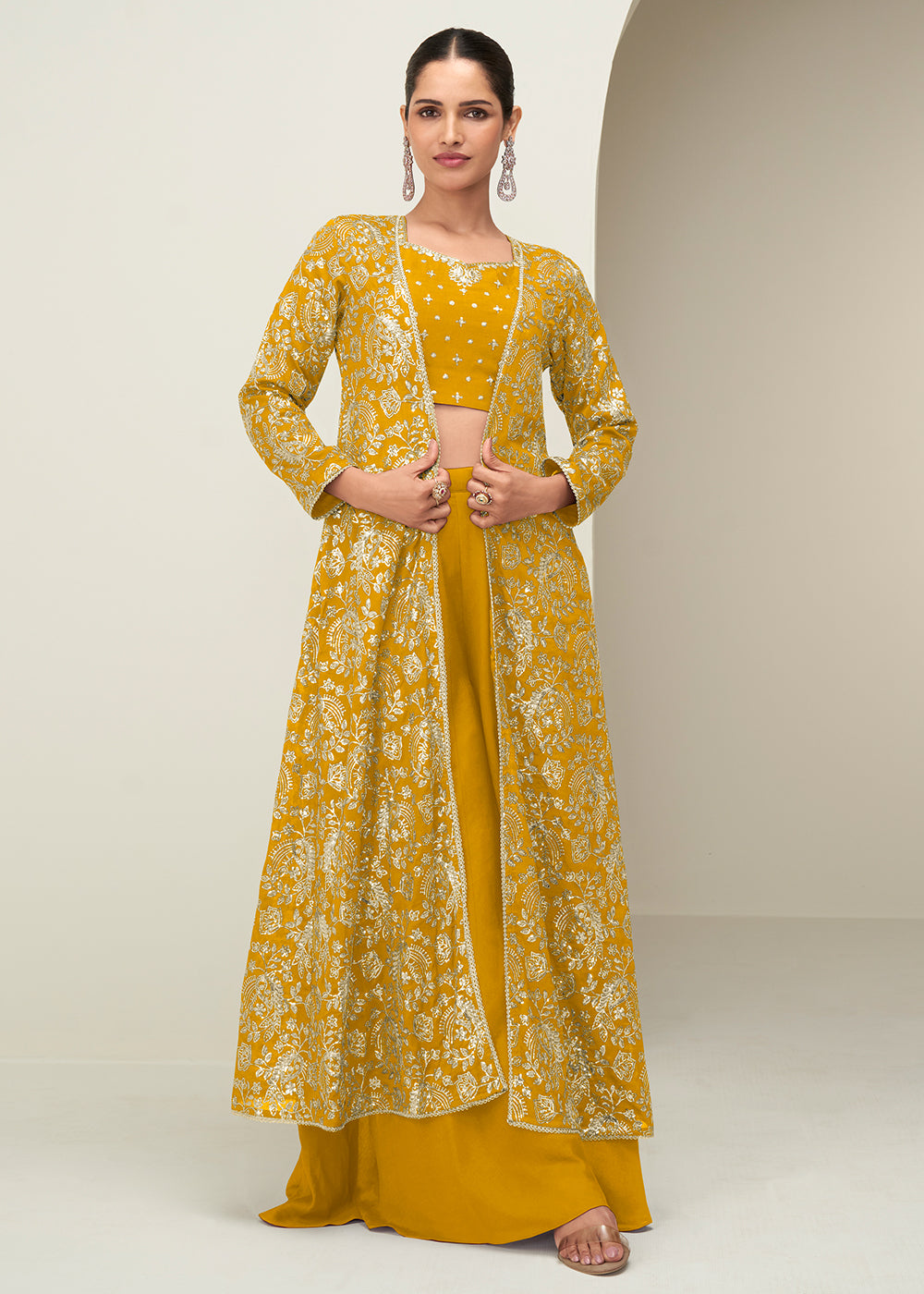 Buy Now Mustard Jacket & Crop Top Style Party Palazzo Suit Online in US, UK, Canada, Germany, Italy, France, Austria, Australia, Denmark & Worldwide at Empress.