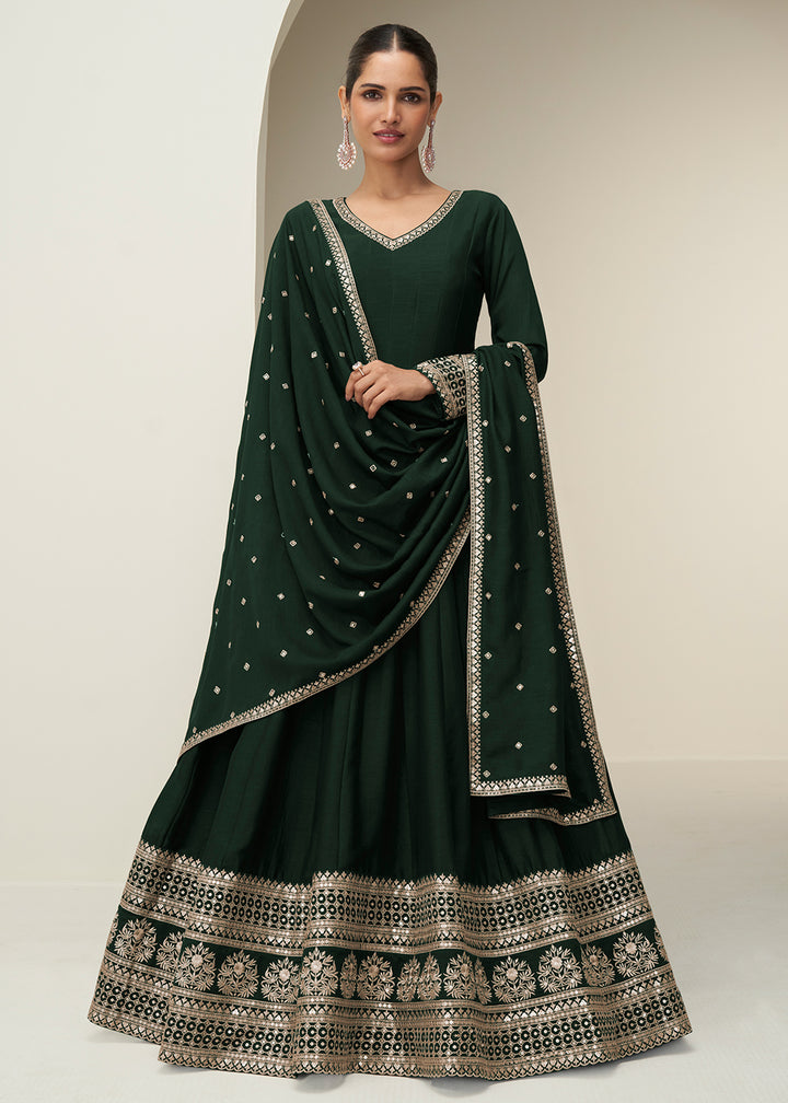 Buy Now Green Premium Silk Sequin Work Festive Anarkali Suit Online in US, UK, Germany, France, Italy, Canada, Sweden, Denmark, UAE & Worldwide at Empress.