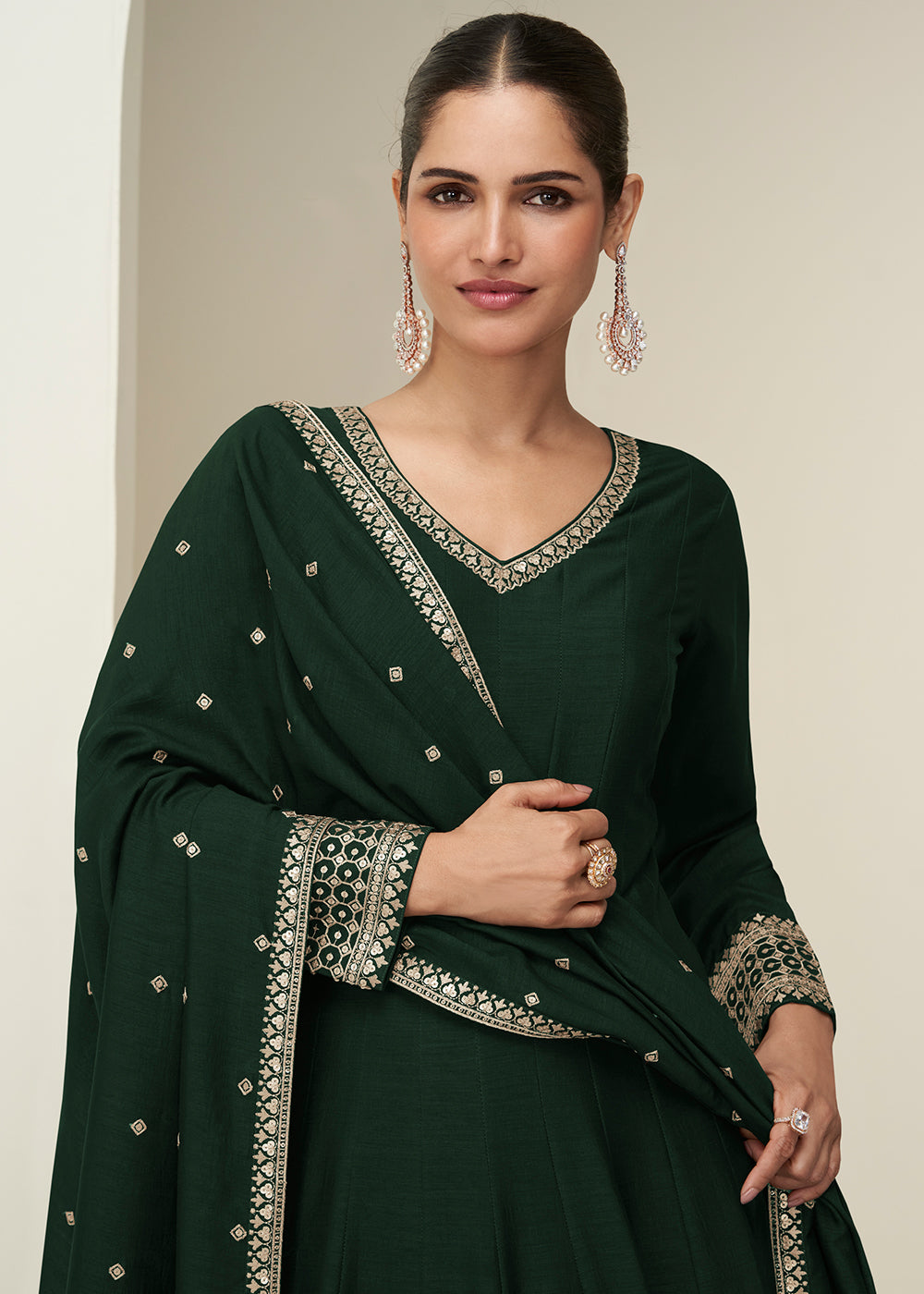 Buy Now Green Premium Silk Sequin Work Festive Anarkali Suit Online in US, UK, Germany, France, Italy, Canada, Sweden, Denmark, UAE & Worldwide at Empress.