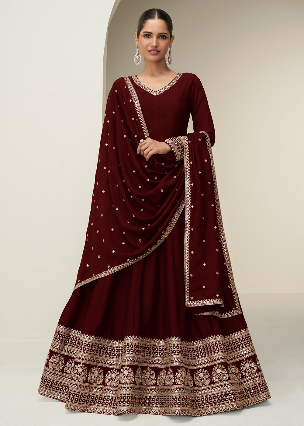 Buy Now Maroon Premium Silk Sequin Work Festive Anarkali Suit Online in US, UK, Germany, France, Italy, Canada, Sweden, Denmark, UAE & Worldwide at Empress.