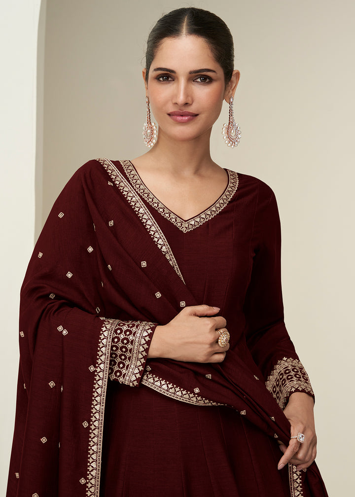 Buy Now Maroon Premium Silk Sequin Work Festive Anarkali Suit Online in US, UK, Germany, France, Italy, Canada, Sweden, Denmark, UAE & Worldwide at Empress.