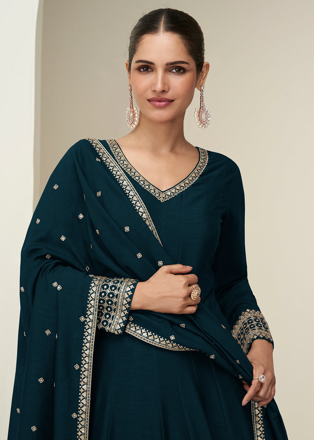 Buy Now Teal Premium Silk Sequin Work Festive Anarkali Suit Online in US, UK, Germany, France, Italy, Canada, Sweden, Denmark, UAE & Worldwide at Empress.