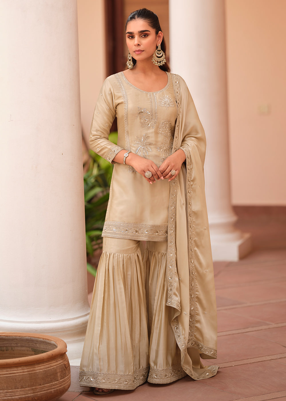 Shop Now Beige Silk Satin Embroidered Gharara Style Suit Online at Empress Clothing in USA, UK, Canada, Germany, Australia, Sweden, Denmark, UAE & Worldwide.