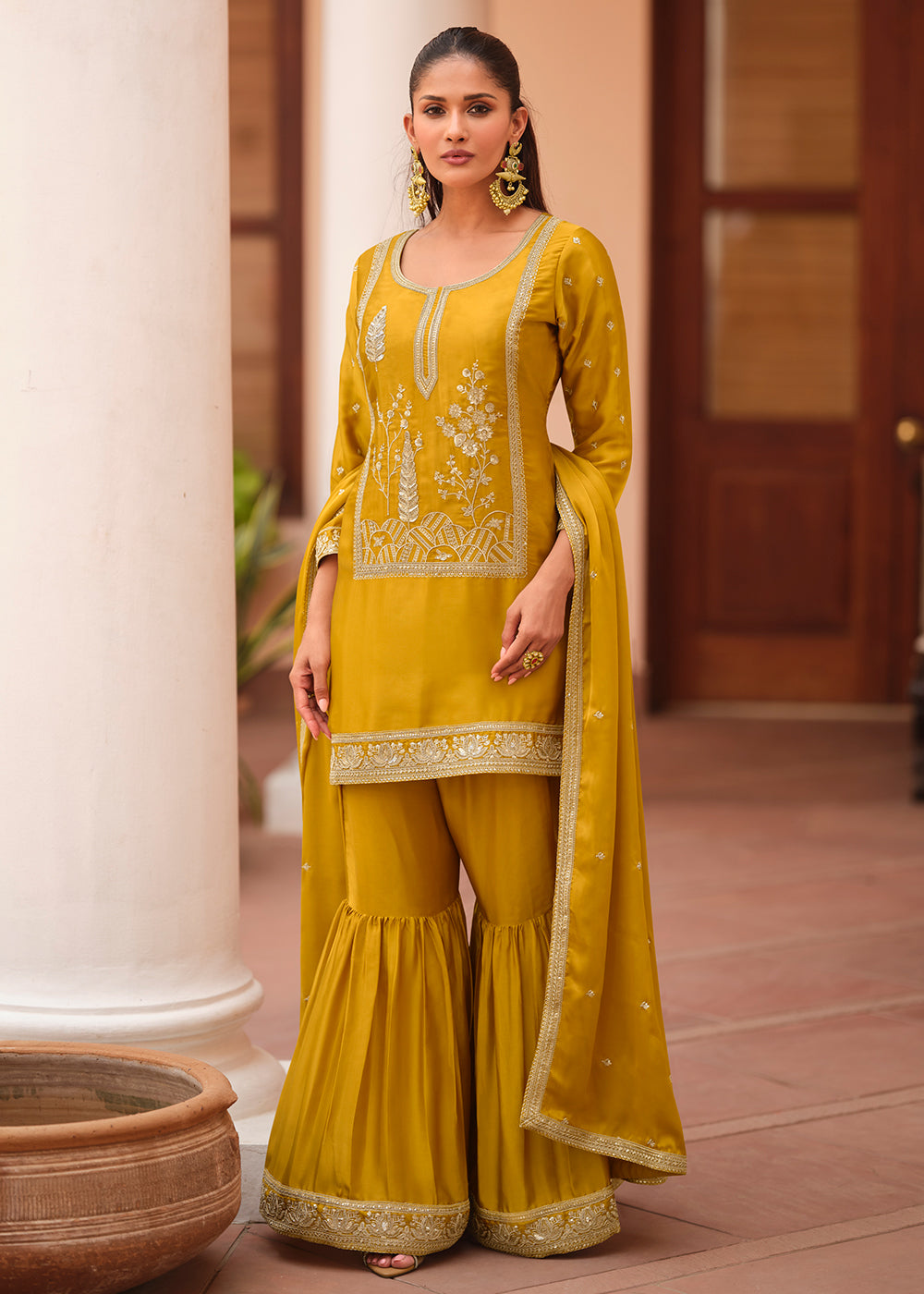 Shop Now Mustard Silk Satin Embroidered Gharara Style Suit Online at Empress Clothing in USA, UK, Canada, Germany, Australia, Sweden, Denmark, UAE & Worldwide.