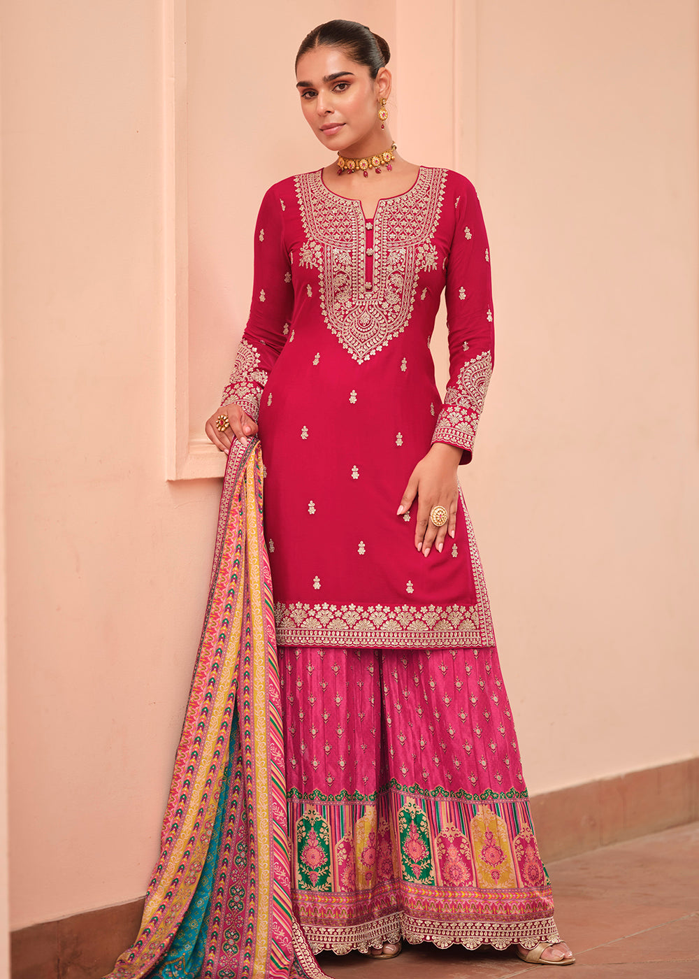 Buy Now Pink Thread & Sequins with Print Work Festive Palazzo Suit Online in Toronto, Newark, Katy, Houston, Fremont, Nevada, Kansas & Worldwide at Empress.