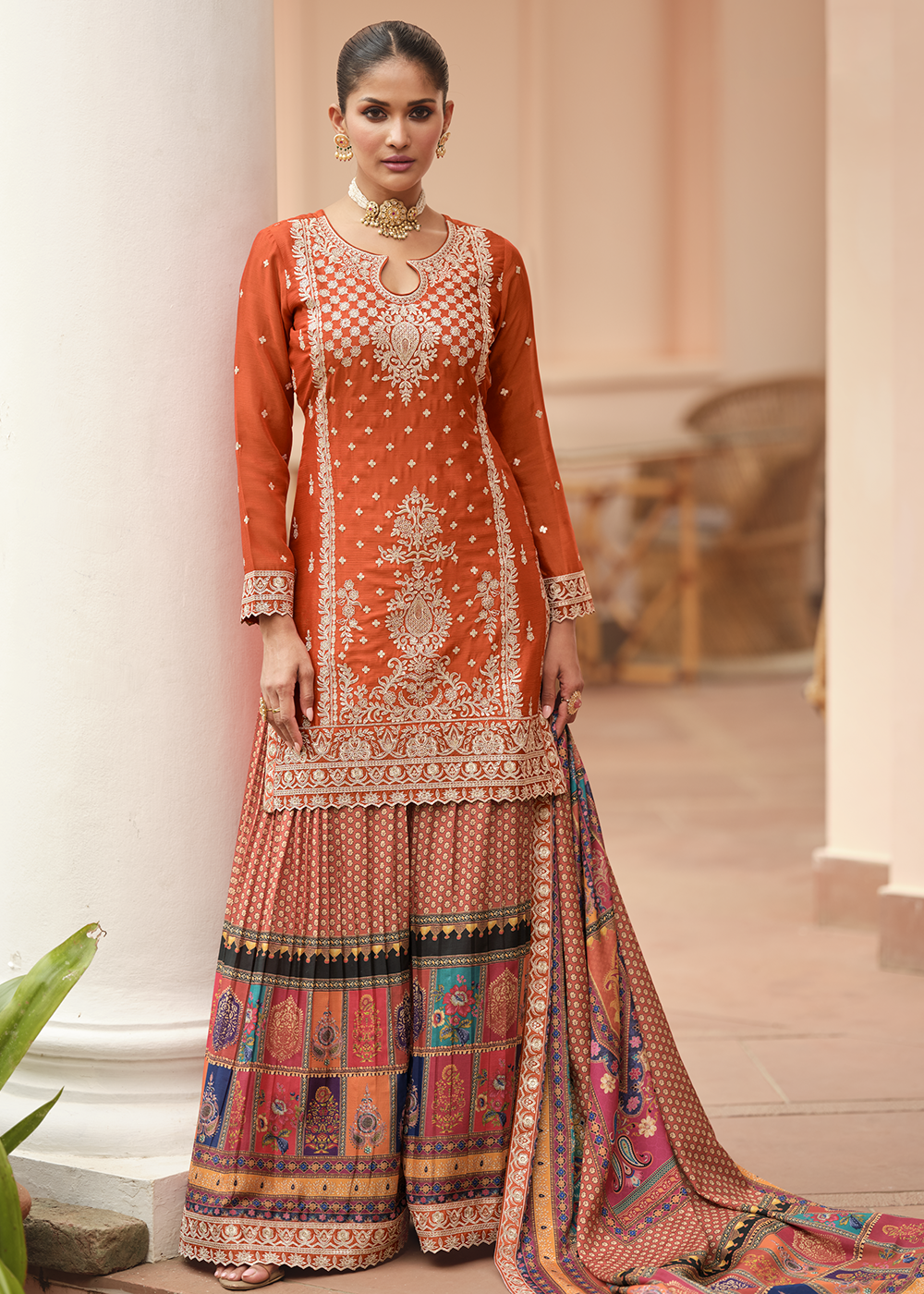 Buy Now Orange Thread & Sequins with Print Work Festive Palazzo Suit Online in Toronto, Newark, Katy, Houston, Fremont, Nevada, Kansas & Worldwide at Empress.