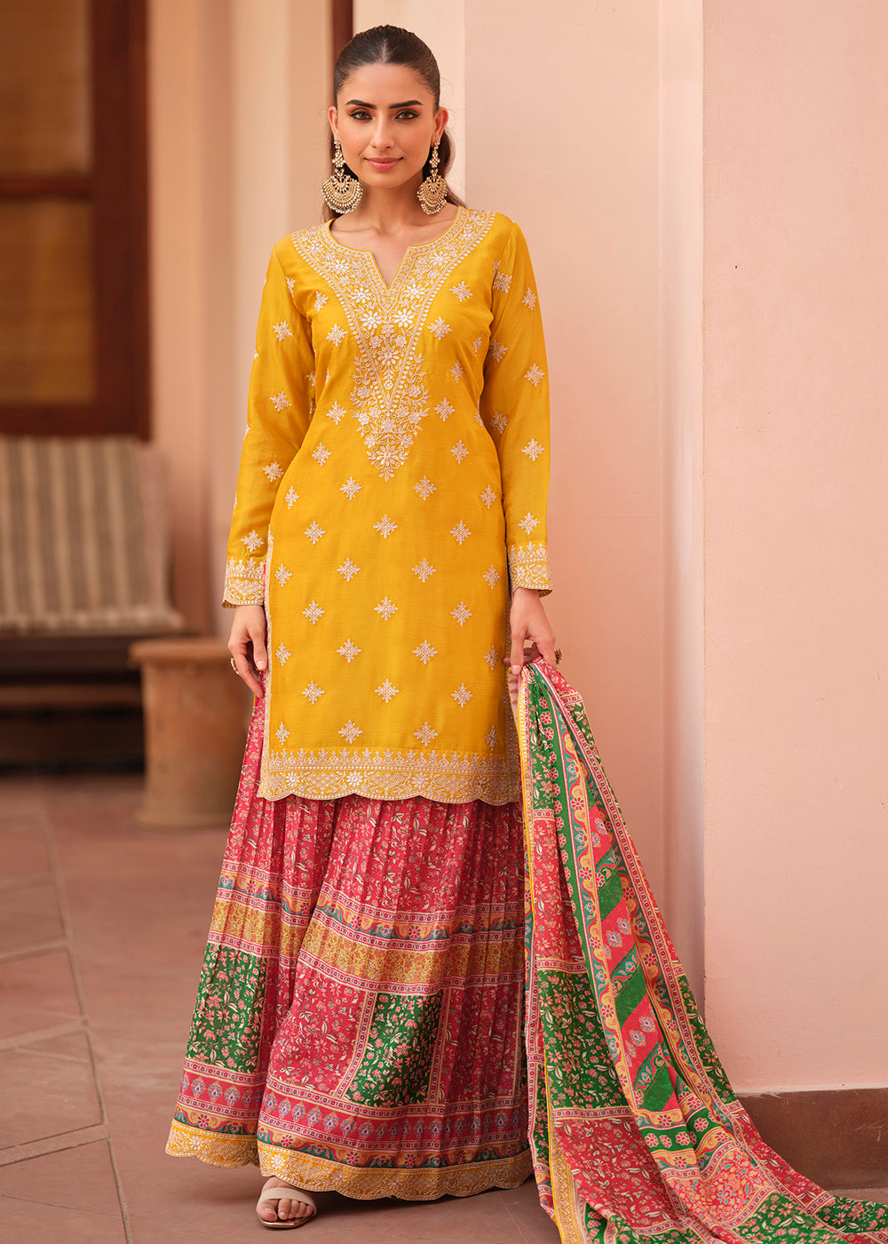 Buy Now Yellow Thread & Sequins with Print Work Festive Palazzo Suit Online in Toronto, Newark, Katy, Houston, Fremont, Nevada, Kansas & Worldwide at Empress.