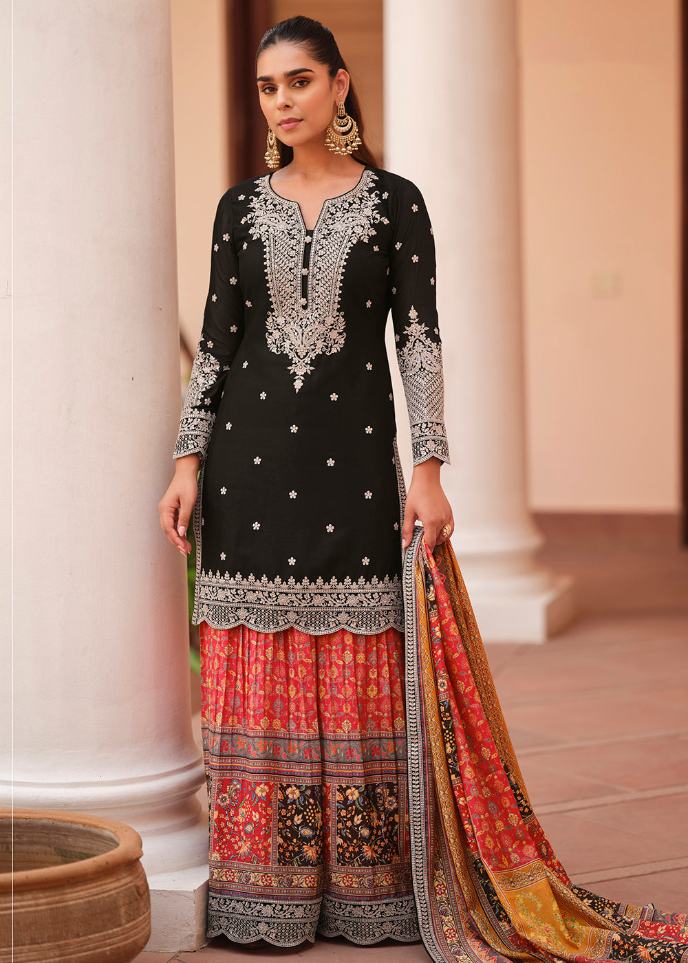 Buy Now Black Thread & Sequins with Print Work Festive Palazzo Suit Online in Toronto, Newark, Katy, Houston, Fremont, Nevada, Kansas & Worldwide at Empress.