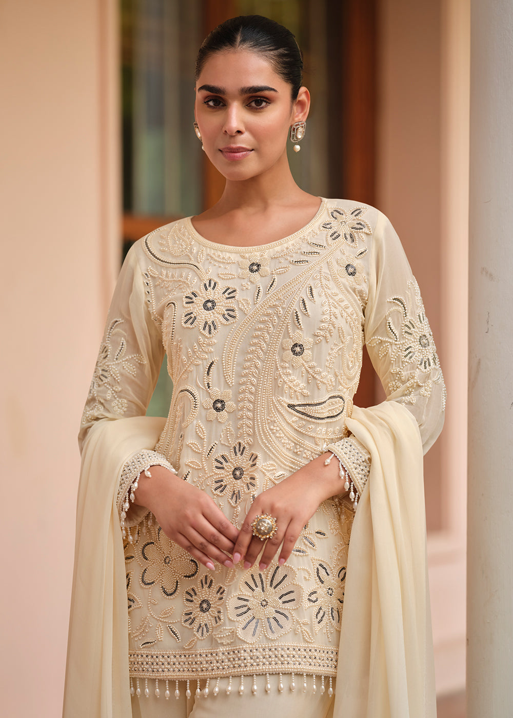 Buy Now Beautiful Ivory Georgette Trouser Style Suit Online in Newark, Yorktown, Toronto, London, Munich, Chicago, Denver, Utah, Paris & Worldwide at Empress.