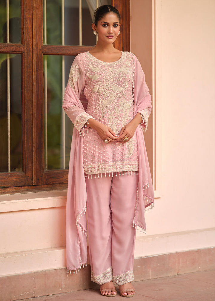 Buy Now Beautiful Pink Georgette Trouser Style Suit Online in Newark, Yorktown, Toronto, London, Munich, Chicago, Denver, Utah, Paris & Worldwide at Empress.